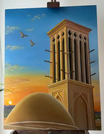 تابلو نقاشی معماری سنتی ایران بادگیر و گنبد