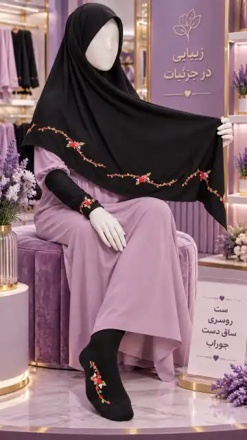 ست روسری و ساق دست و جوراب گلدوزی طرح دوگل