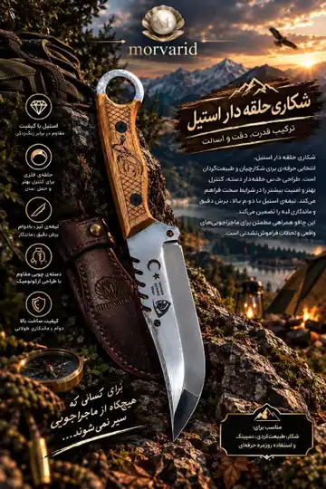 چاقوی شکاری حلقه‌دار استیل ضد زنگ همراه غلاف
